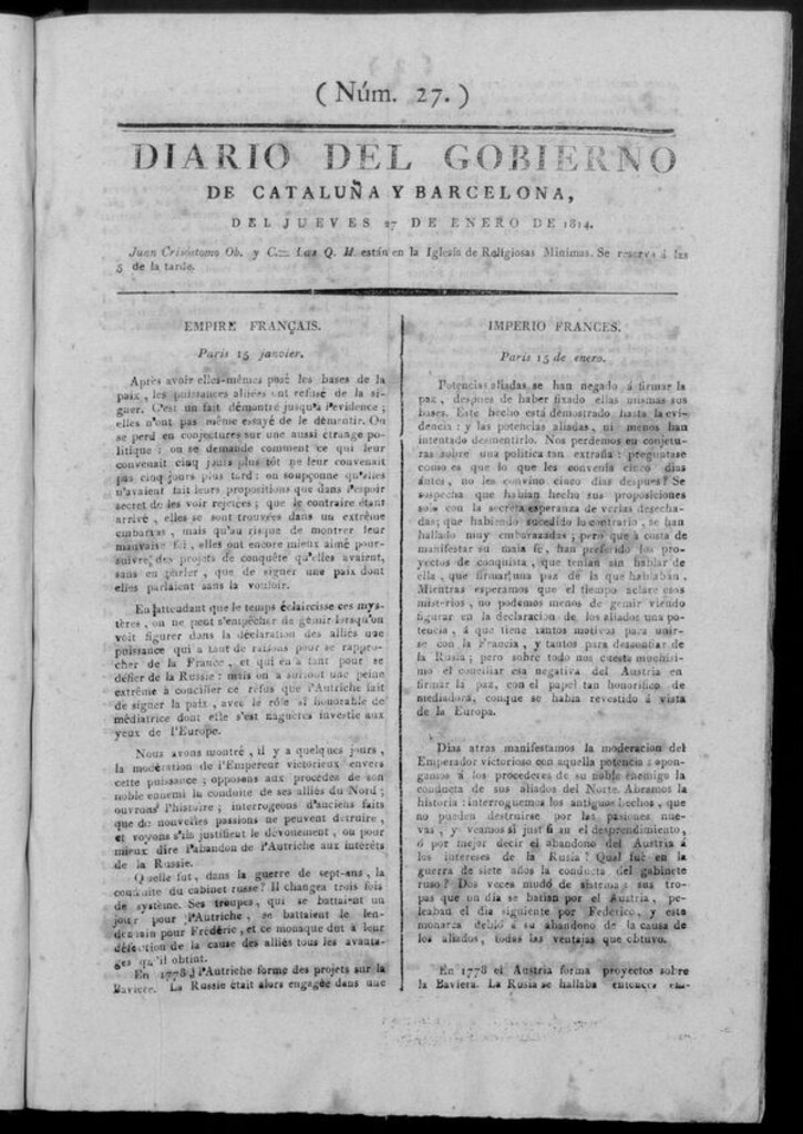 Miniatura de Diario de Barcelona del jueves 27 de enero de 1814