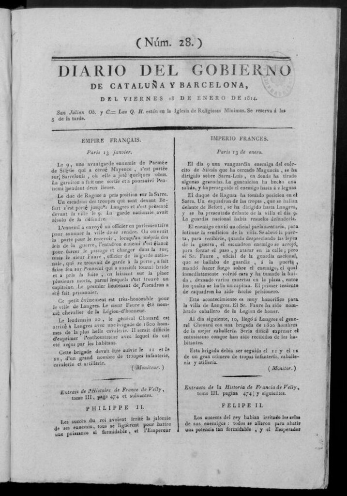 Miniatura de Diario de Barcelona del viernes 28 de enero de 1814