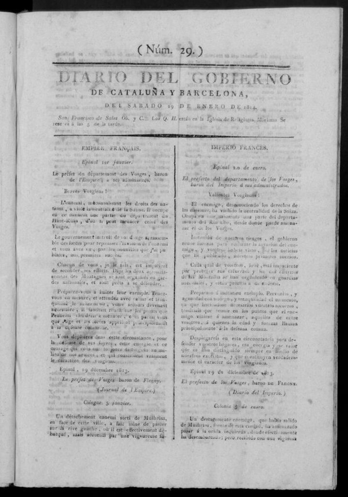Miniatura de Diario de Barcelona del sábado 29 de enero de 1814