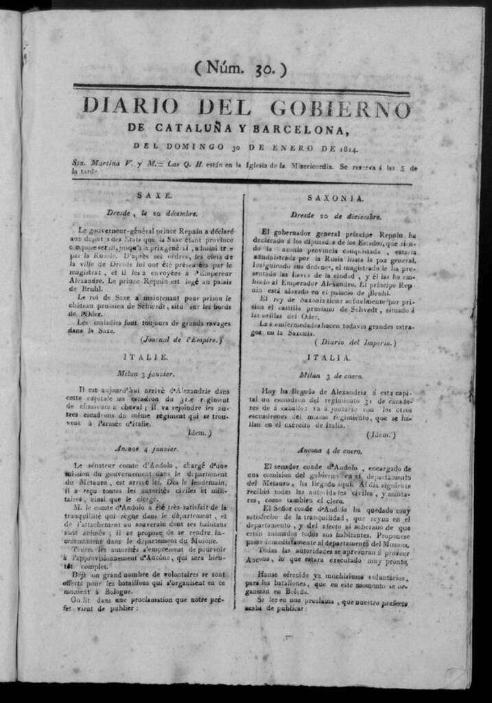 Miniatura de Diario de Barcelona del domingo 30 de enero de 1814