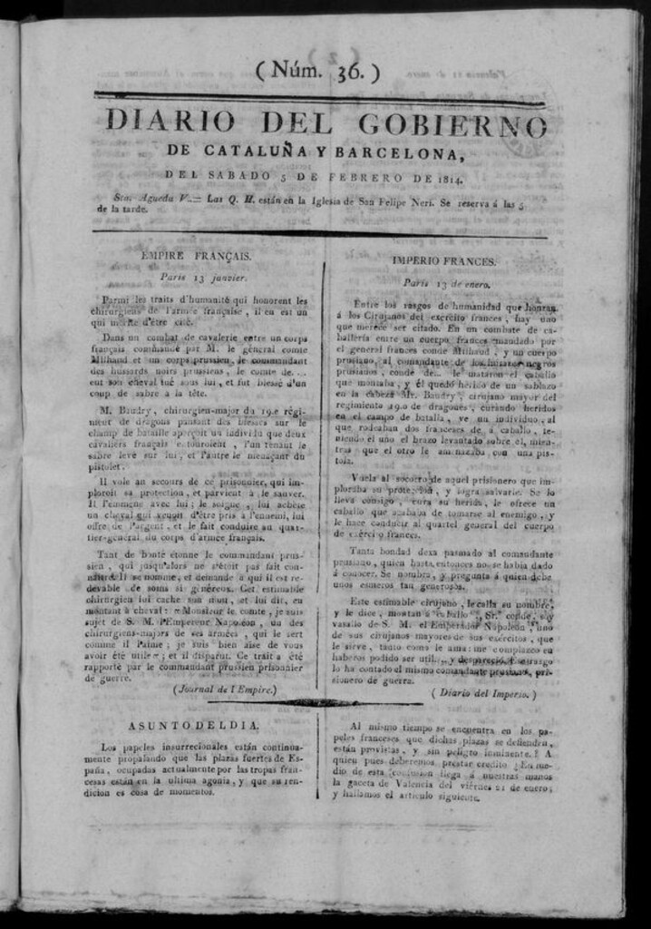 Miniatura de Diario de Barcelona del sábado 5 de febrero de 1814