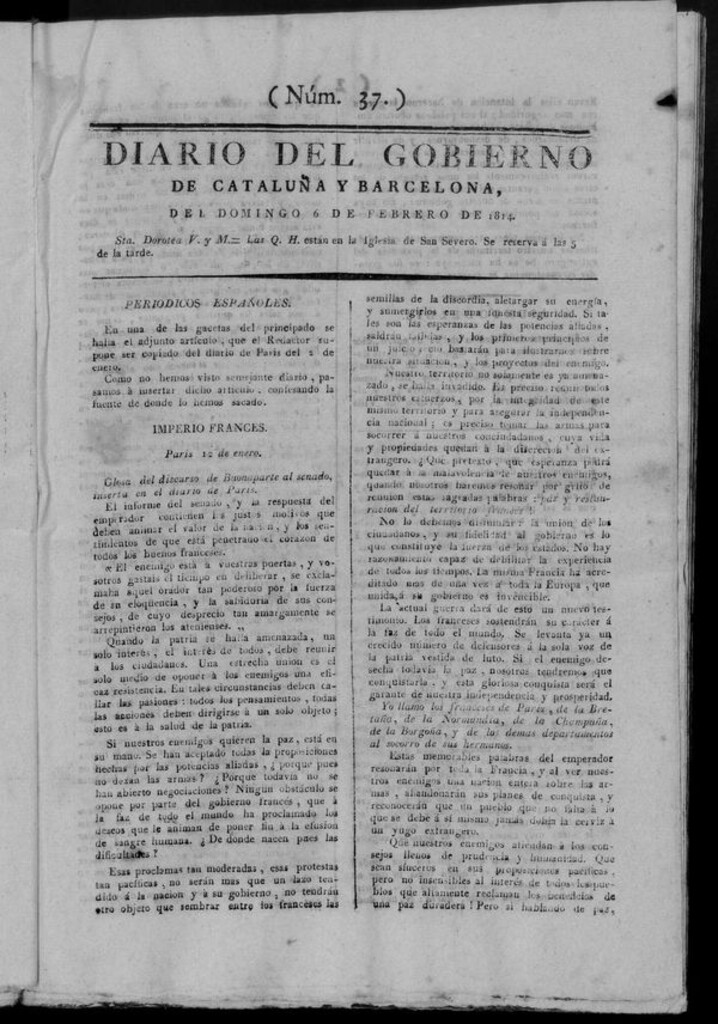Miniatura de Diario de Barcelona del domingo 6 de febrero de 1814