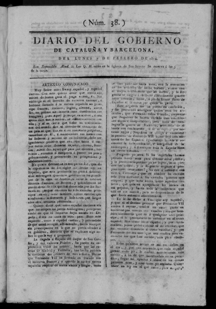 Miniatura de Diario de Barcelona del lunes 7 de febrero de 1814