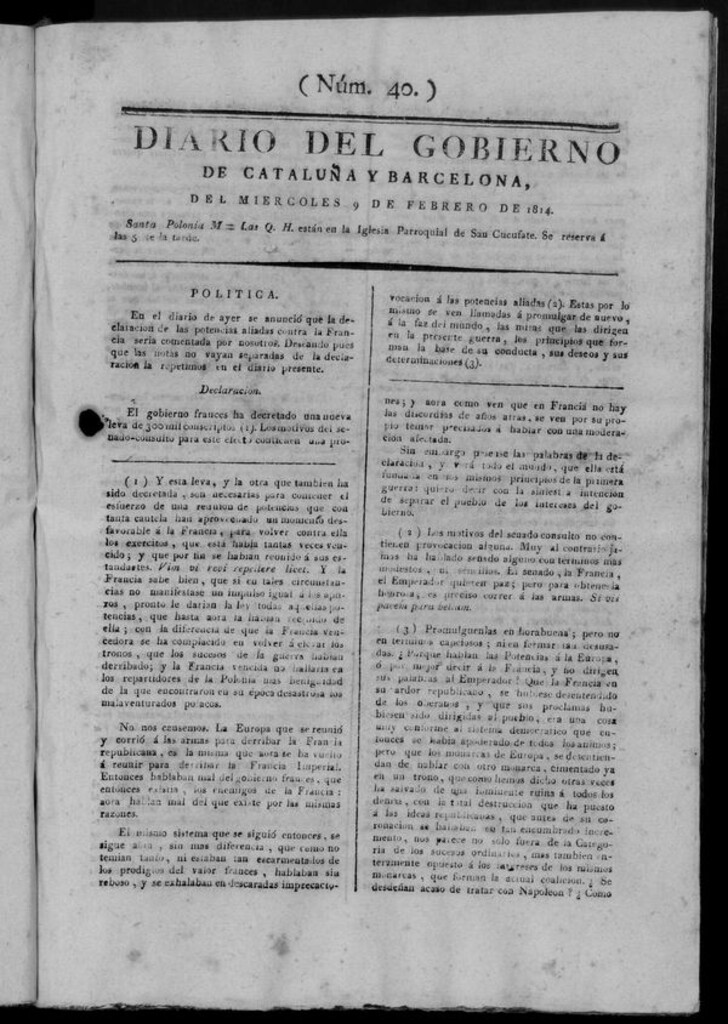 Miniatura de Diario de Barcelona del miércoles 9 de febrero de 1814