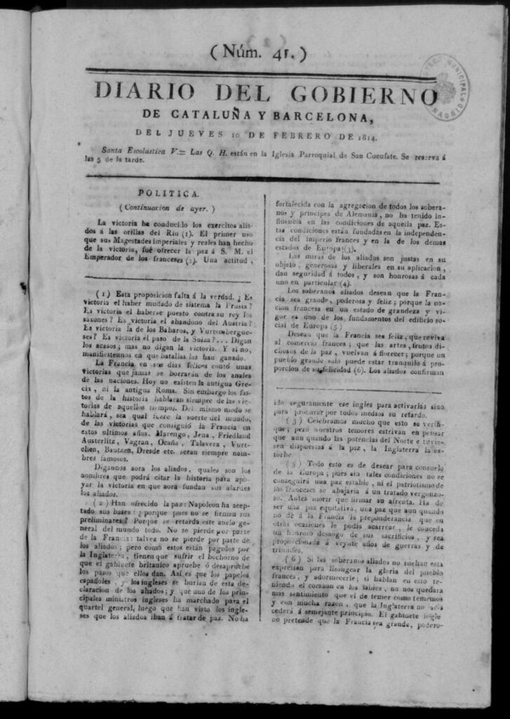 Miniatura de Diario de Barcelona del jueves 10 de febrero de 1814