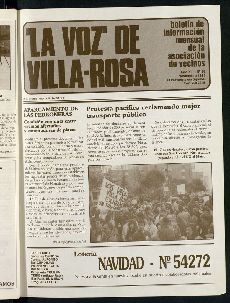 Miniatura de La Voz de Villa-Rosa: boletín informativo mensual de la asociación de vecinos, nº 86 de noviembre de 1991