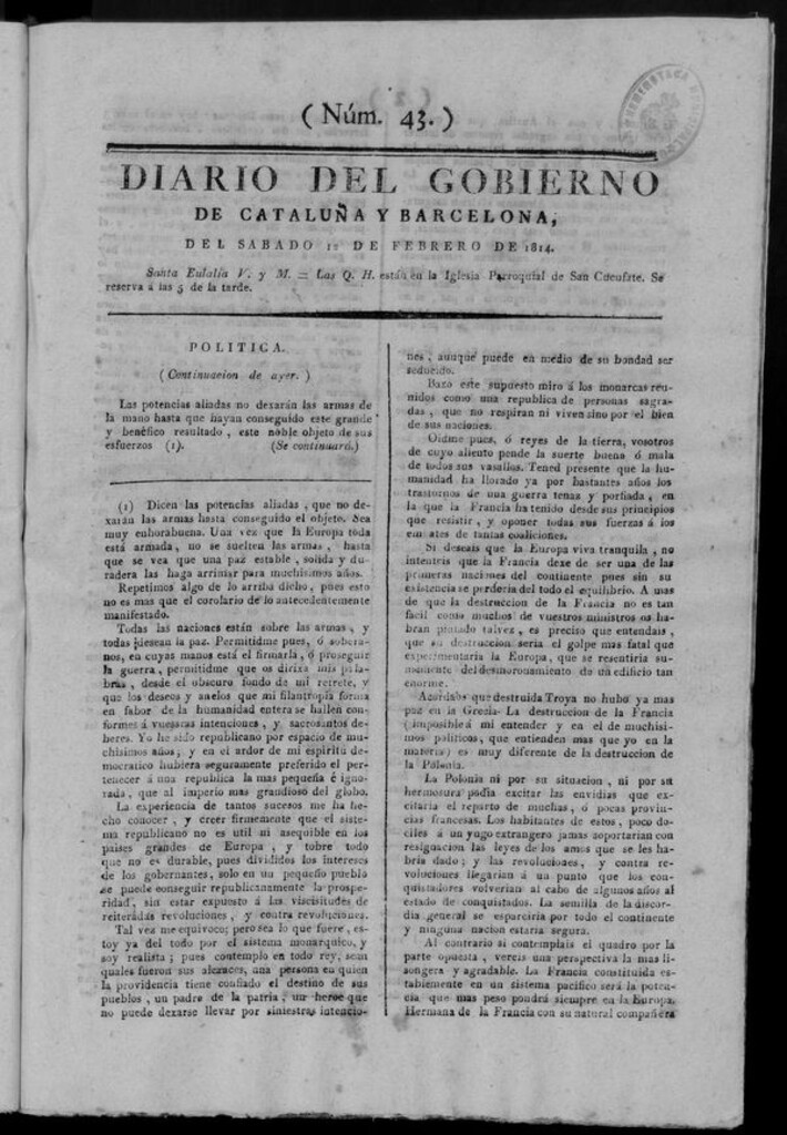 Miniatura de Diario de Barcelona del sábado 12 de febrero de 1814