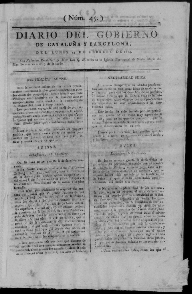 Miniatura de Diario de Barcelona del lunes 14 de febrero de 1814