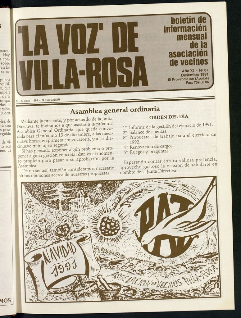 Miniatura de La Voz de Villa-Rosa: boletín informativo mensual de la asociación de vecinos, nº 87 de diciembre de 1991