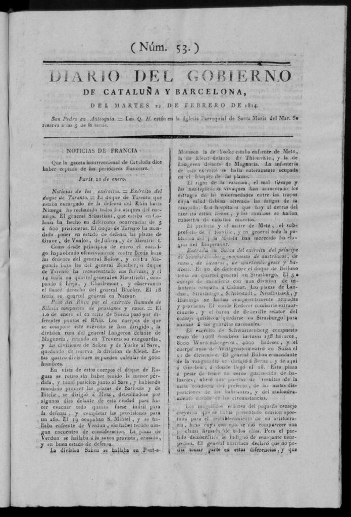 Miniatura de Diario de Barcelona del martes 22 de febrero de 1814