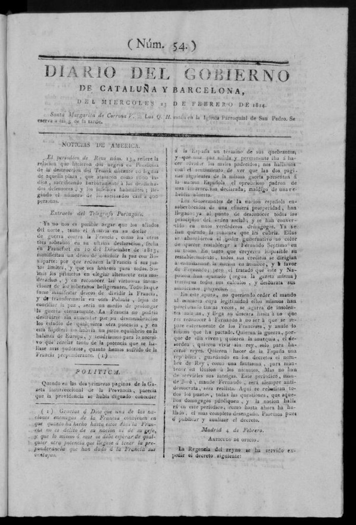 Miniatura de Diario de Barcelona del miércoles 23 de febrero de 1814