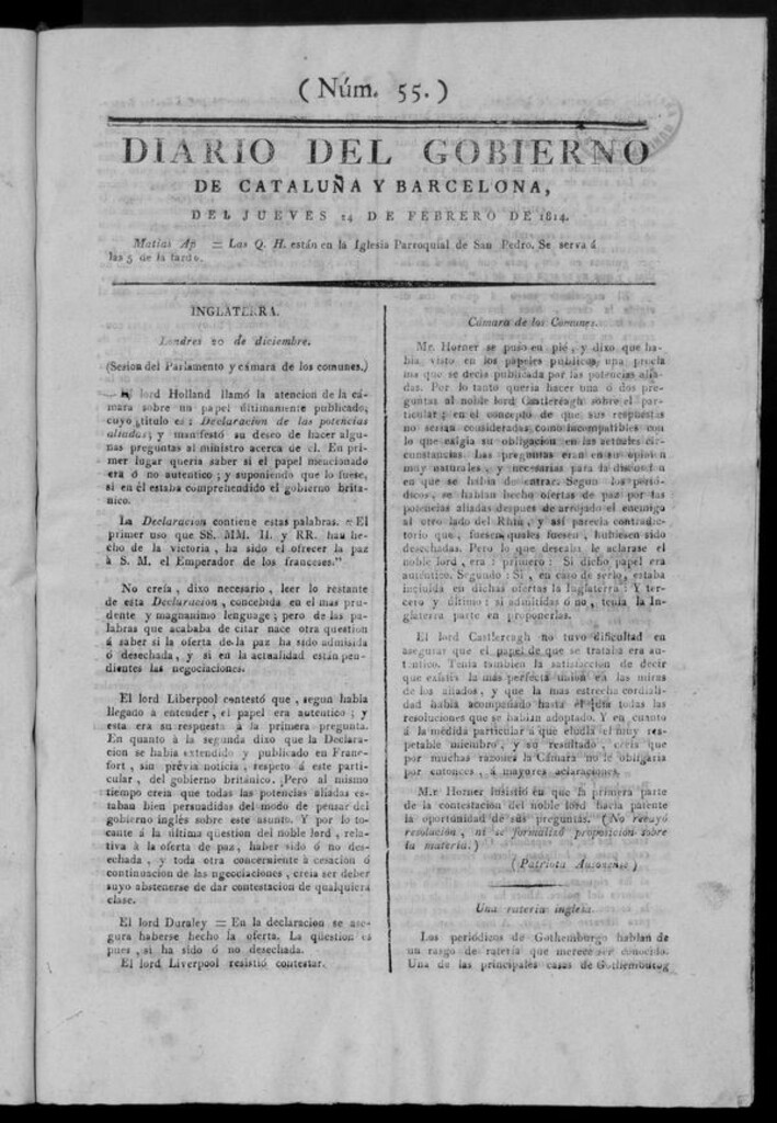 Miniatura de Diario de Barcelona del jueves 24 de febrero de 1814