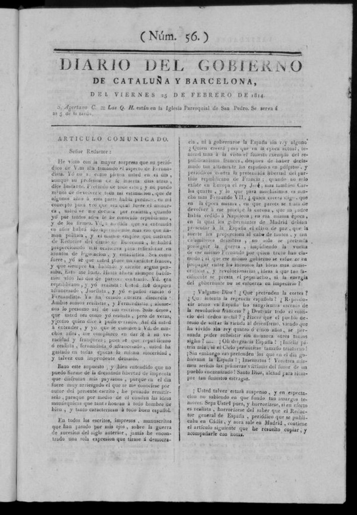 Miniatura de Diario de Barcelona del viernes 25 de febrero de 1814