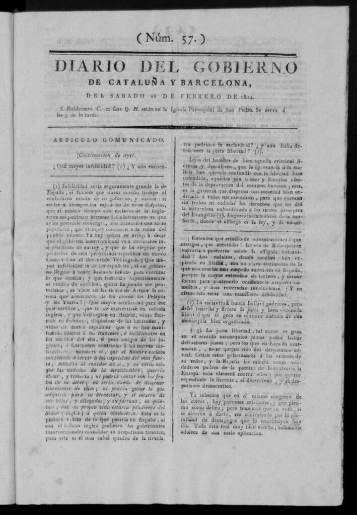 Miniatura de Diario de Barcelona del sábado 26 de febrero de 1814