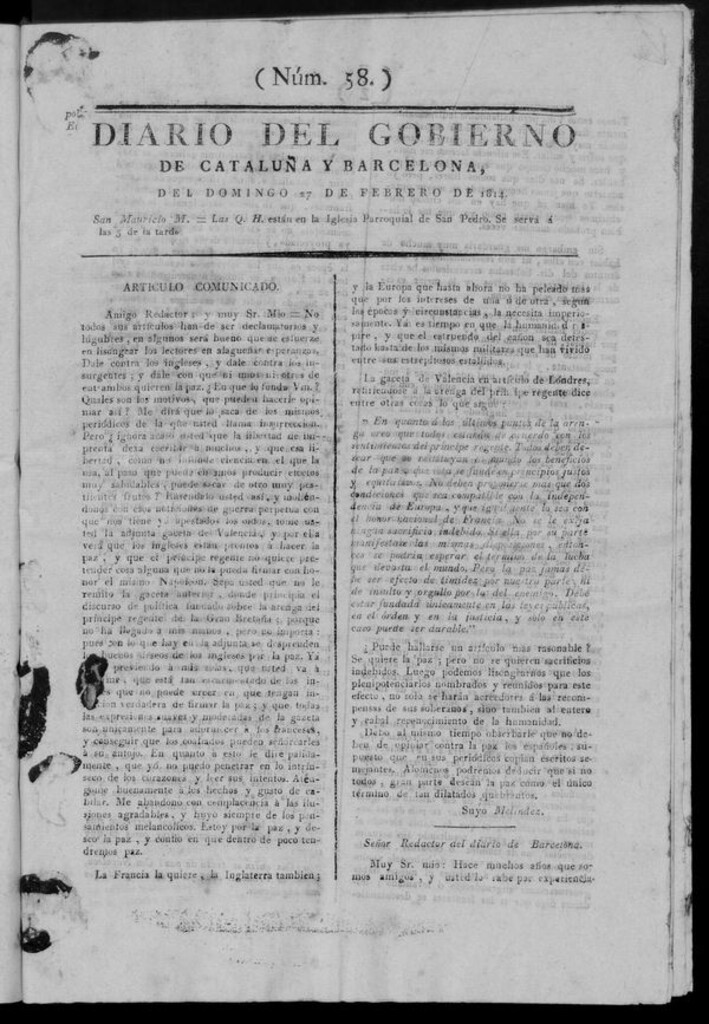 Miniatura de Diario de Barcelona del domingo 27 de febrero de 1814