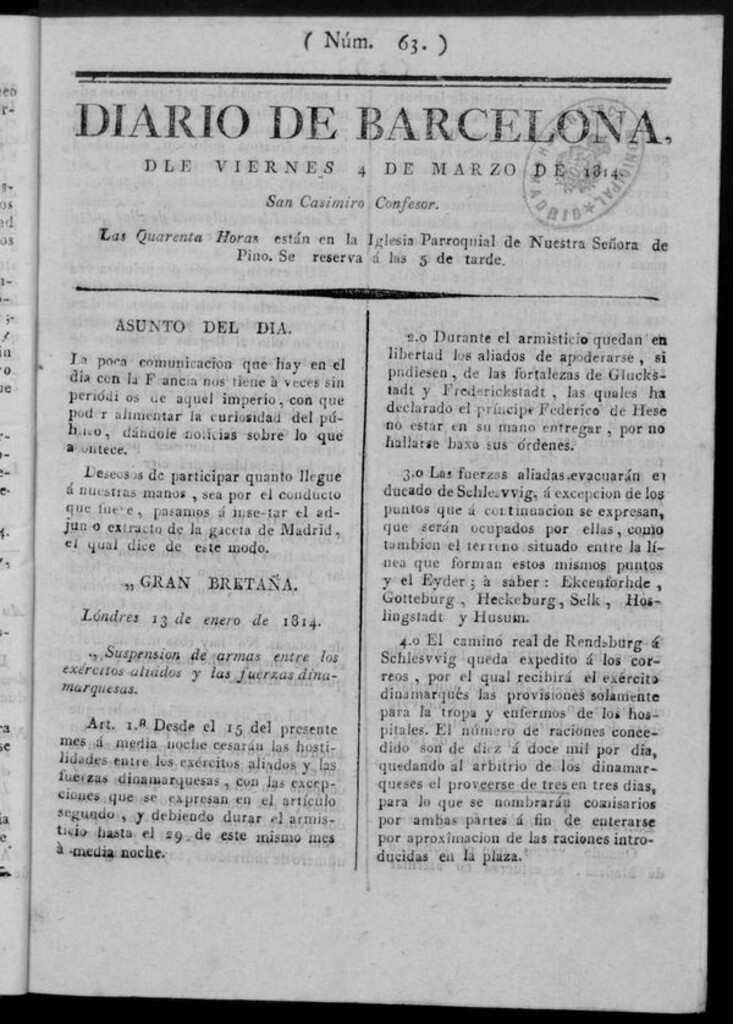 Miniatura de Diario de Barcelona del viernes 4 de marzo de 1814