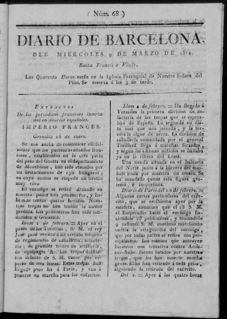 Miniatura de Diario de Barcelona del miércoles 9 de marzo de 1814