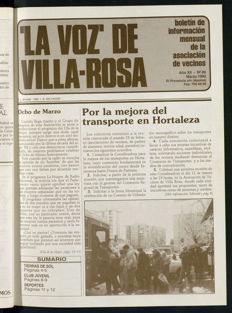Miniatura de La Voz de Villa-Rosa: boletín informativo mensual de la asociación de vecinos, nº 89 de marzo de 1992