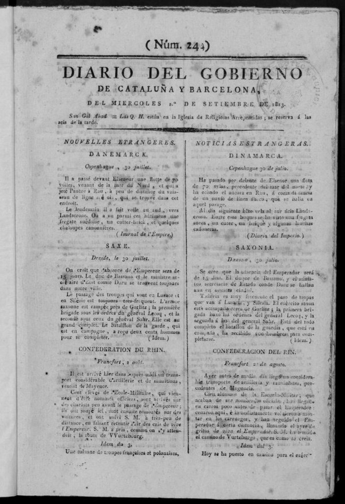 Miniatura de Diario de Barcelona del miércoles 1 de septiembre de 1813