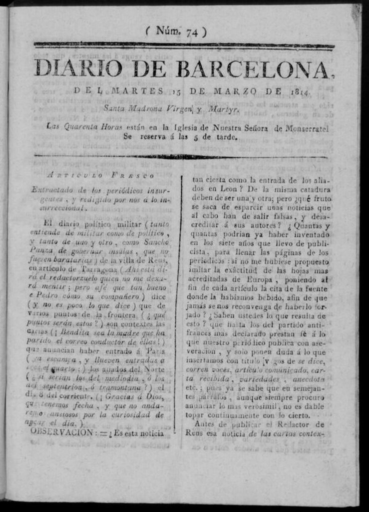 Miniatura de Diario de Barcelona del martes 15 de marzo de 1814