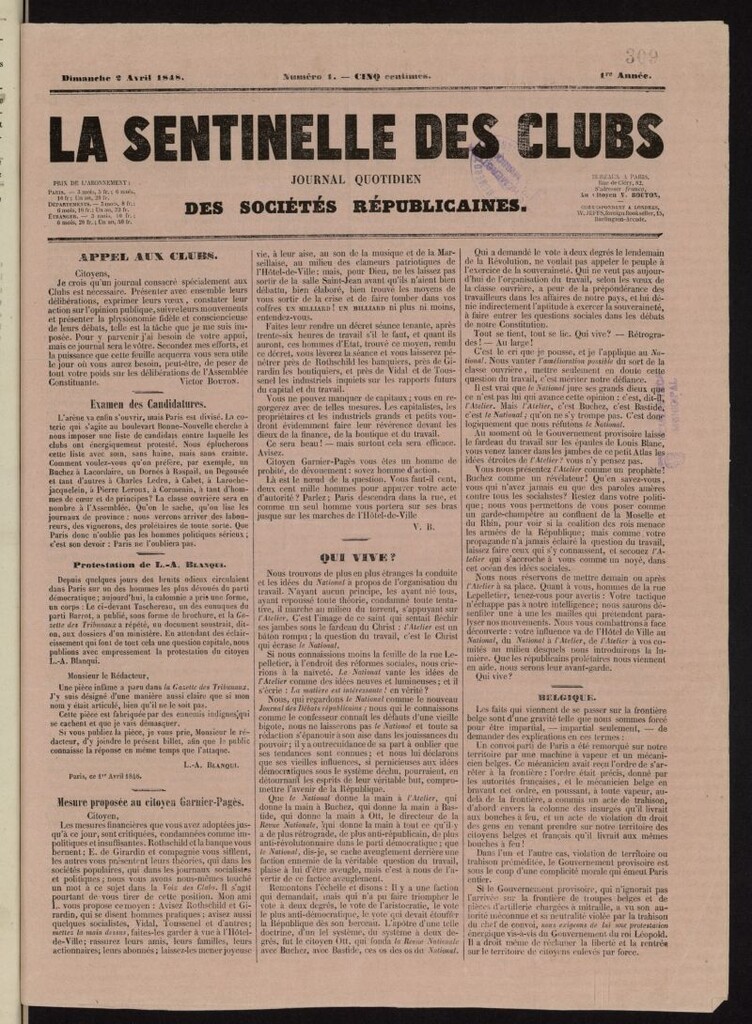 Miniatura de La Sentinelle des Clubs: journal quotidien des Sociétés Republicaines