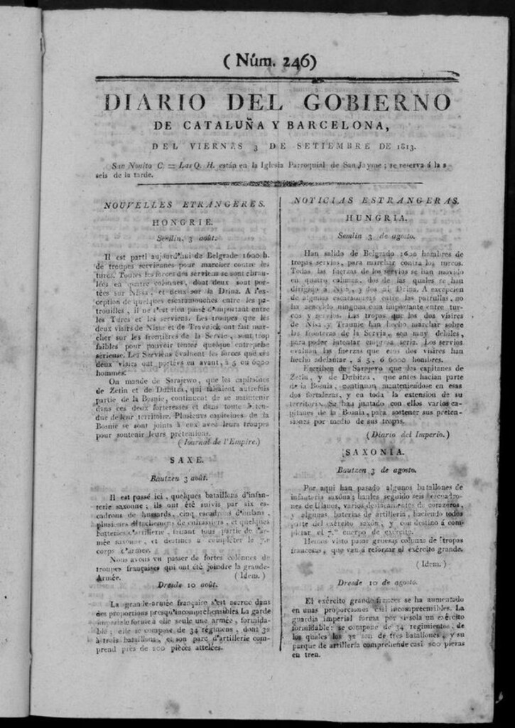 Miniatura de Diario de Barcelona del viernes 3 de septiembre de 1813