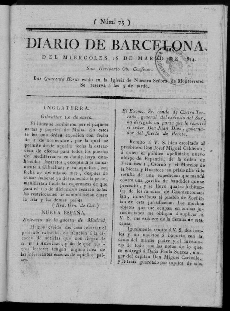 Miniatura de Diario de Barcelona del miércoles 16 de marzo de 1814