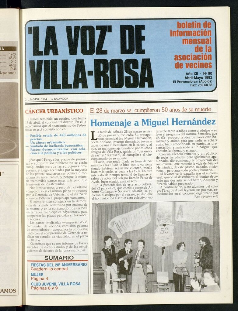 Miniatura de La Voz de Villa-Rosa: boletín informativo mensual de la asociación de vecinos, nº 90 de abril-mayo de 1992