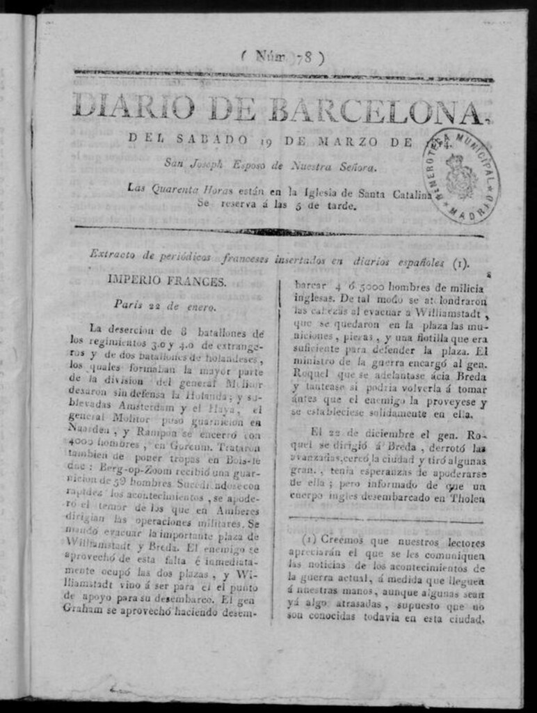 Miniatura de Diario de Barcelona del sábado 19 de marzo de 1814