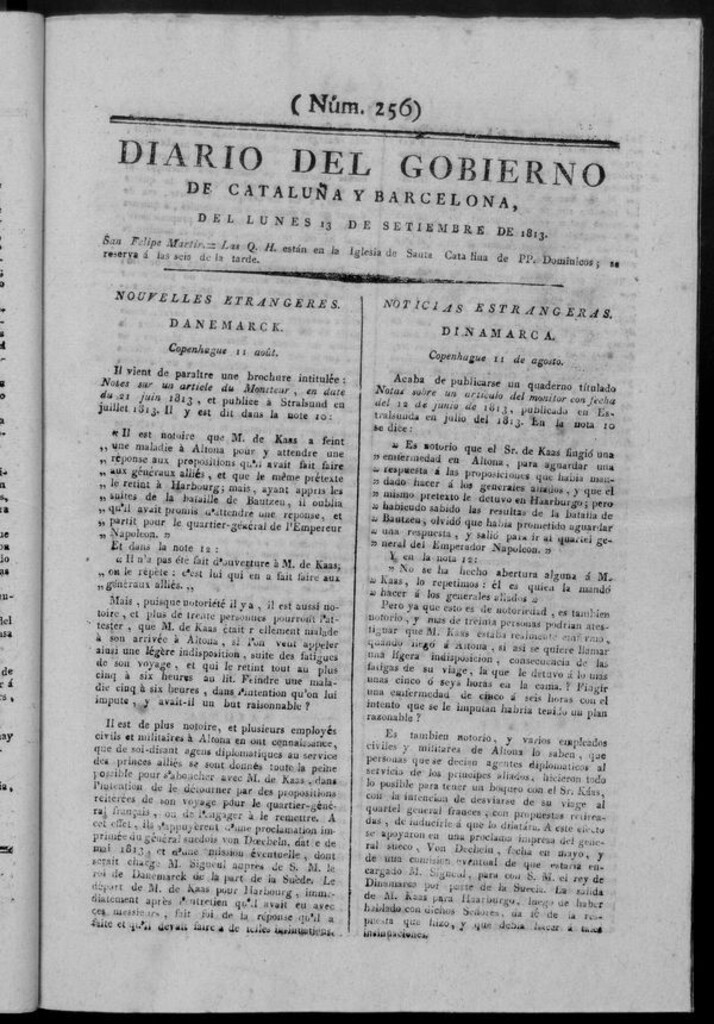 Miniatura de Diario de Barcelona del lunes 13 de septiembre de 1813
