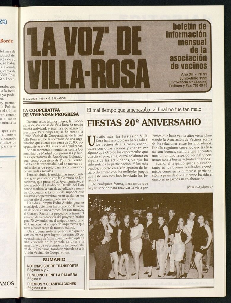 Miniatura de La Voz de Villa-Rosa: boletín informativo mensual de la asociación de vecinos, nº 91 de junio-julio de 1992