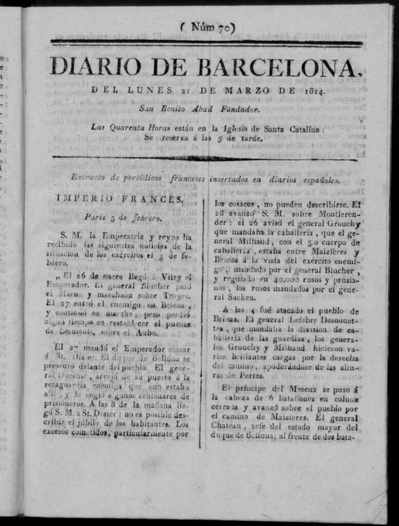 Miniatura de Diario de Barcelona del lunes 21 de marzo de 1814