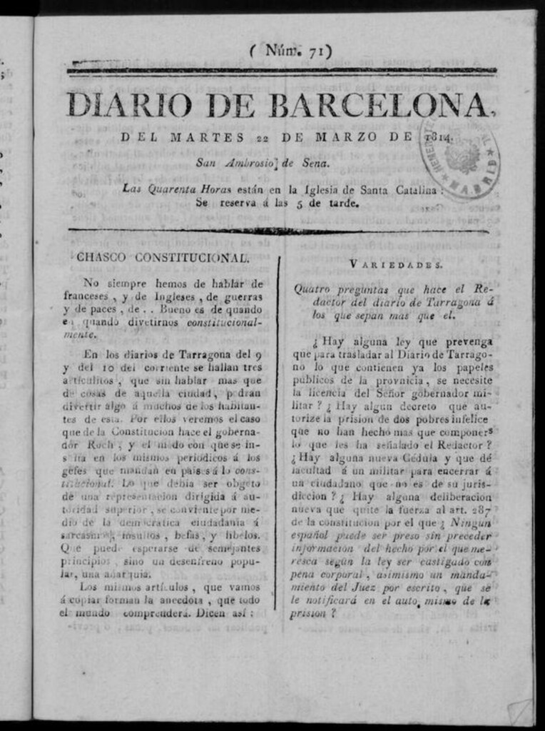 Miniatura de Diario de Barcelona del martes 22 de marzo de 1814