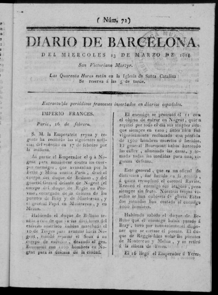Miniatura de Diario de Barcelona del miércoles 23 de marzo de 1814