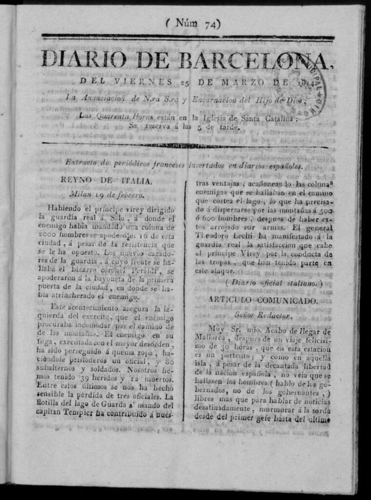 Miniatura de Diario de Barcelona del viernes 25 de marzo de 1814