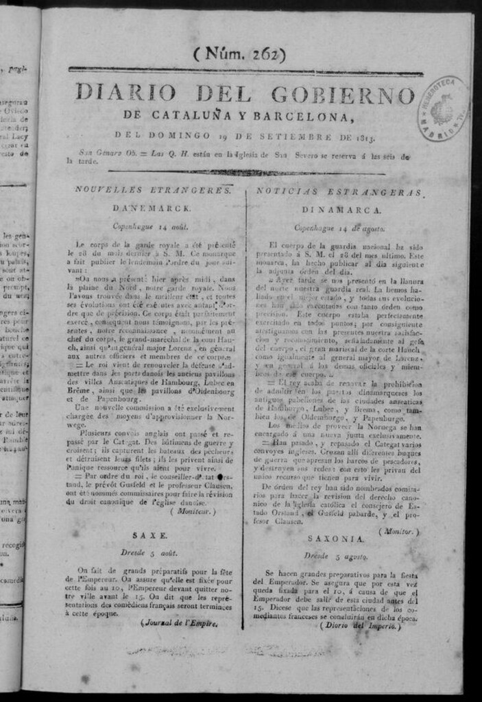 Miniatura de Diario de Barcelona del domingo 19 de septiembre de 1813