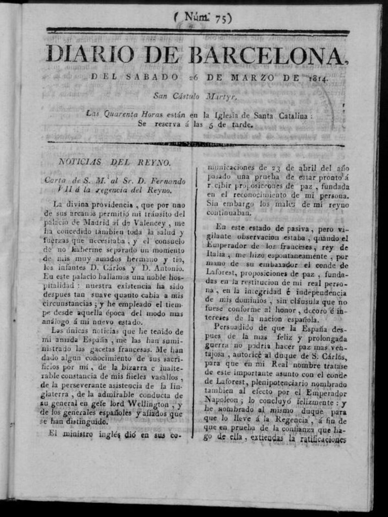 Miniatura de Diario de Barcelona del sábado 26 de marzo de 1814