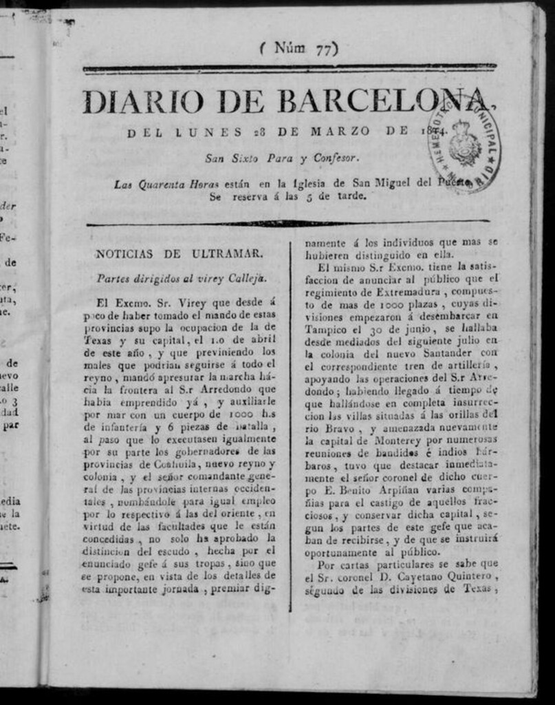 Miniatura de Diario de Barcelona del lunes 28 de marzo de 1814
