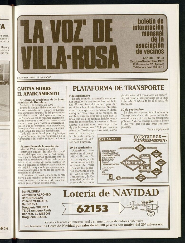 Miniatura de La Voz de Villa-Rosa: boletín informativo mensual de la asociación de vecinos, nº 93 de octubre-noviembre de 1992