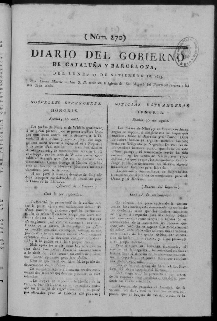 Miniatura de Diario de Barcelona del lunes 27 de septiembre de 1813