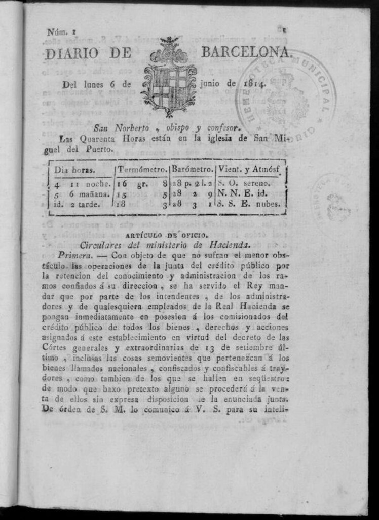 Miniatura de Diario de Barcelona del lunes 6 de junio de 1814