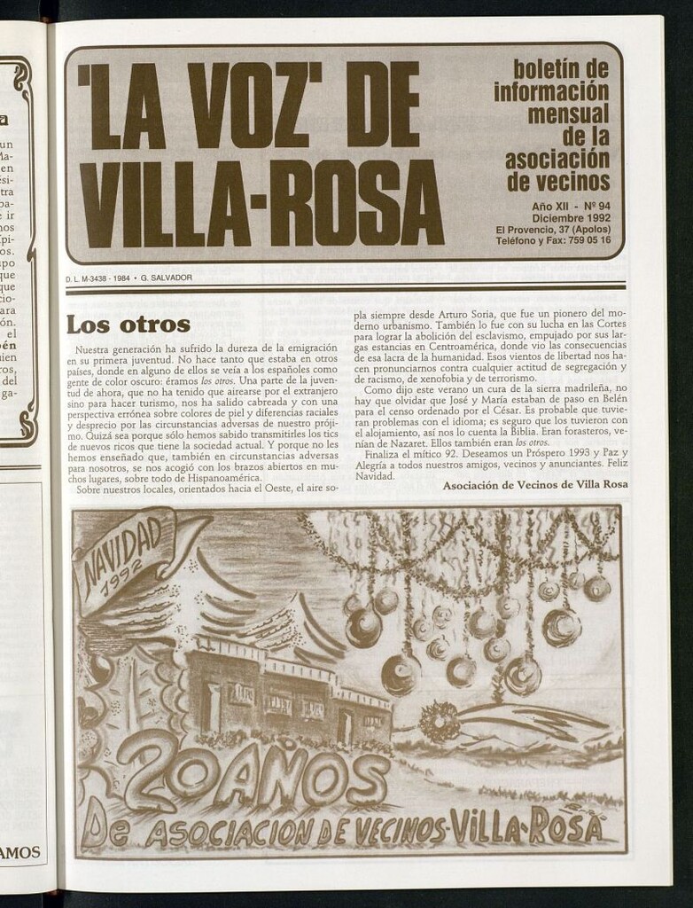 Miniatura de La Voz de Villa-Rosa: boletín informativo mensual de la asociación de vecinos, nº 94 de diciembre de 1992