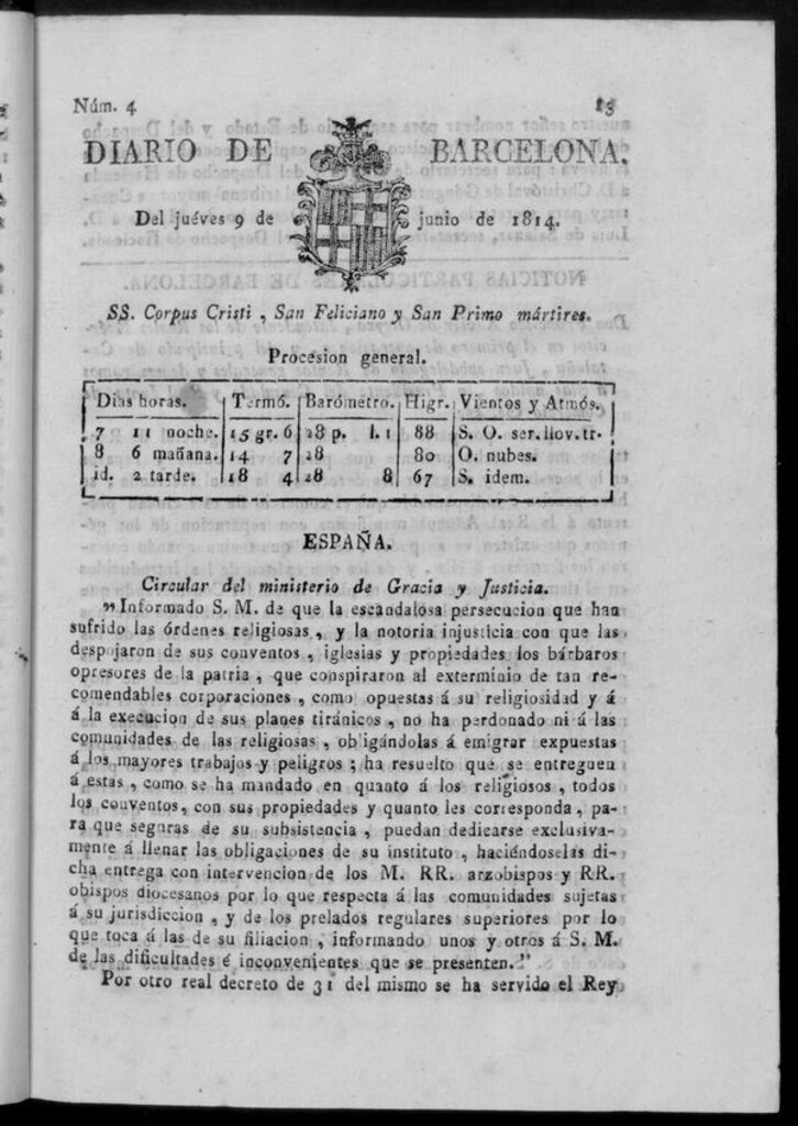 Miniatura de Diario de Barcelona del jueves 9 de junio de 1814