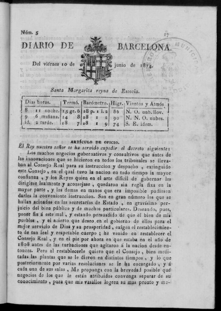 Miniatura de Diario de Barcelona del viernes 10 de junio de 1814