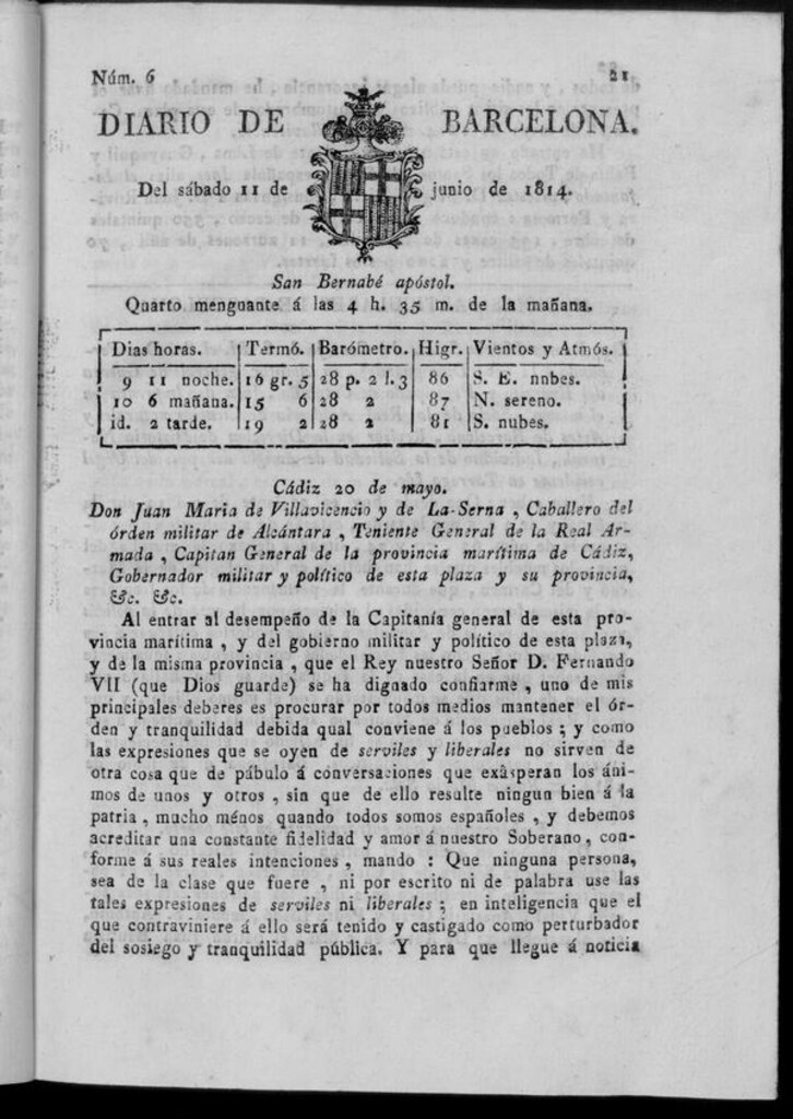 Miniatura de Diario de Barcelona del sábado 11 de junio de 1814