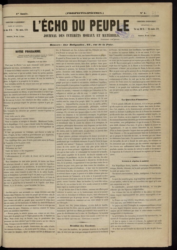 Miniatura de L´Écho du Peuple: journal des intéréts moraux et matériels
