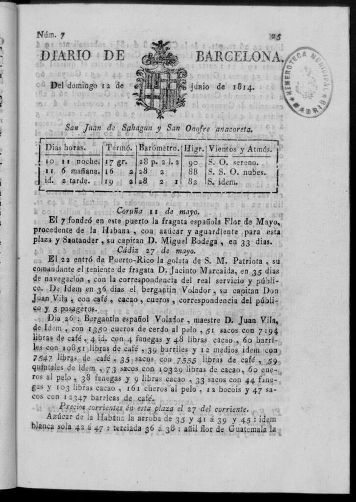 Miniatura de Diario de Barcelona del domingo 12 de junio de 1814