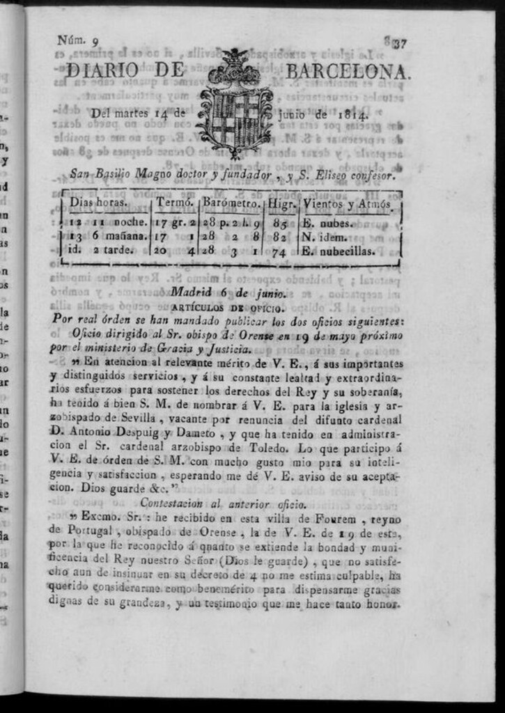 Miniatura de Diario de Barcelona del martes 14 de junio de 1814