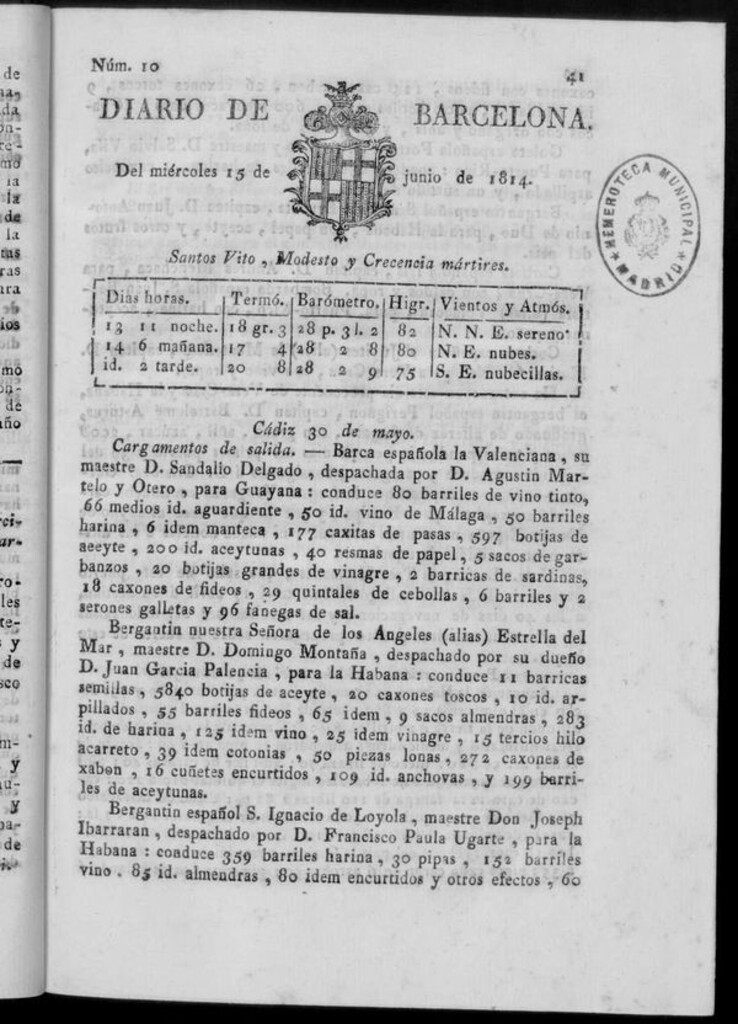 Miniatura de Diario de Barcelona del miércoles 15 de junio de 1814