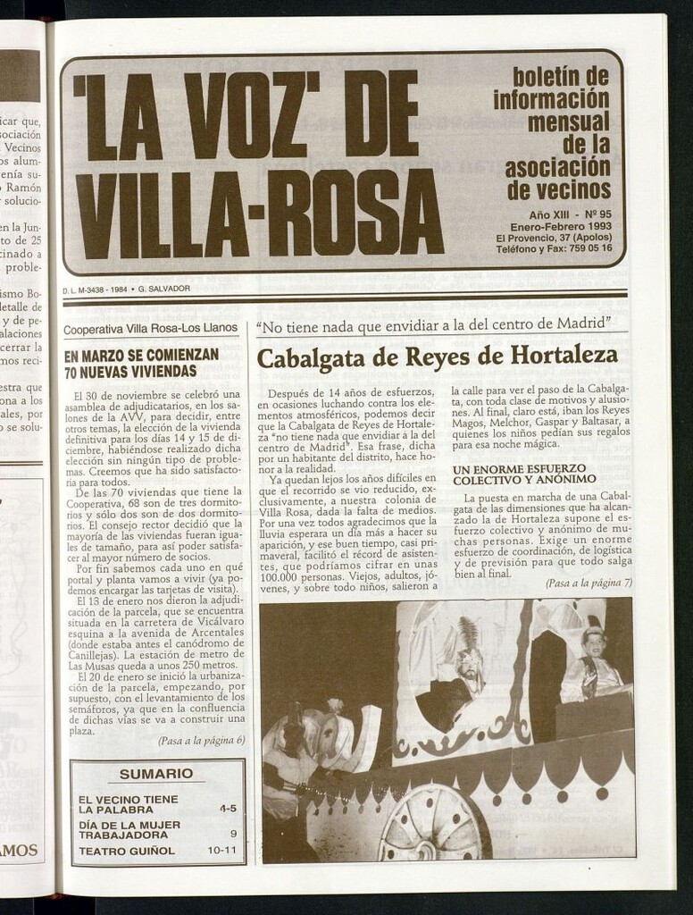 Miniatura de La Voz de Villa-Rosa: boletín informativo mensual de la asociación de vecinos, nº 95 de enero-febrero de 1993